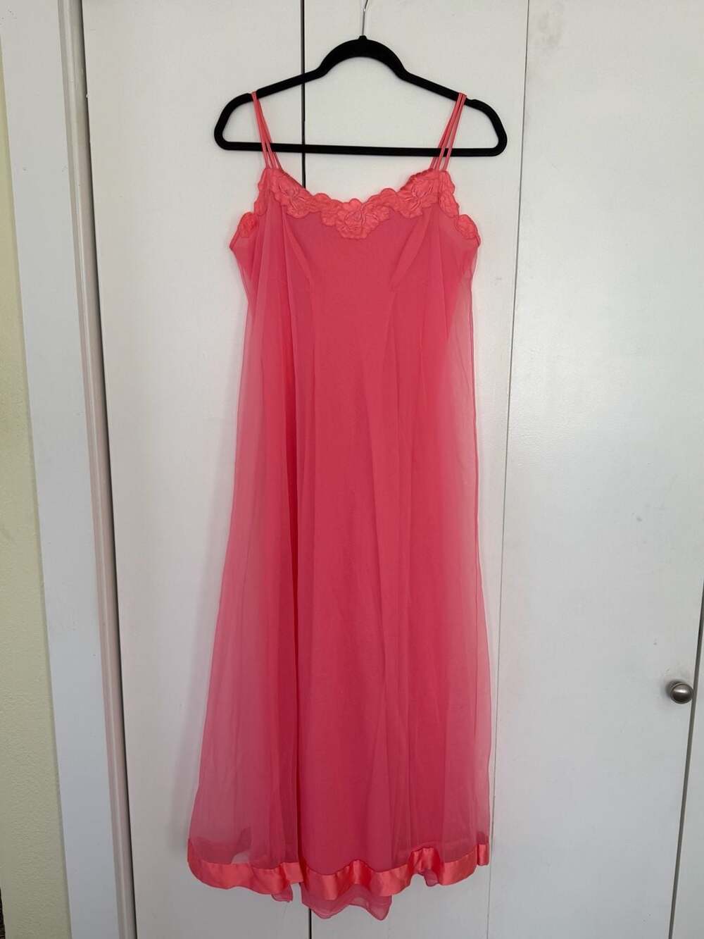Vintage Pink Chiffon Floral Lace Trim Long Maxi Nightgown - Picture 1 of 6
